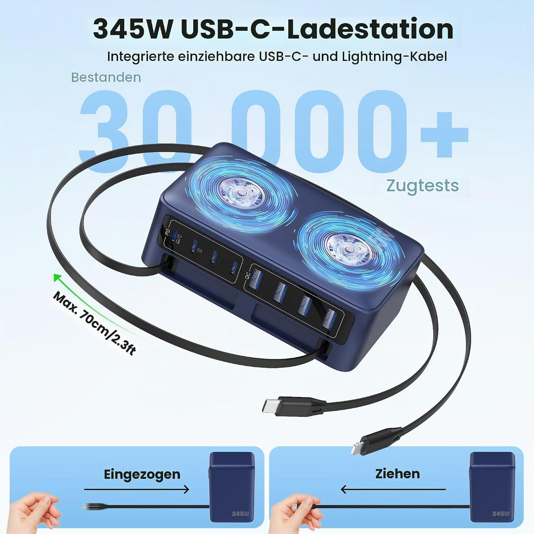 345W USB C Ladegerät Mehrfach mit Einziehbarem Ladekabel, 10-in-1 GaN VI Ladestation, PD/PPS/QC Schn
