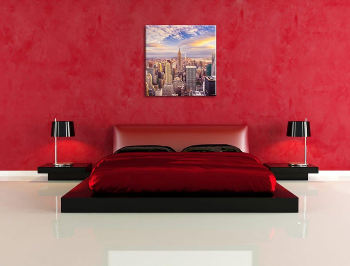 Pixxprint Skyline von New York bei Sonnenuntergang, Format: 70x70 auf Leinwand, 70x70