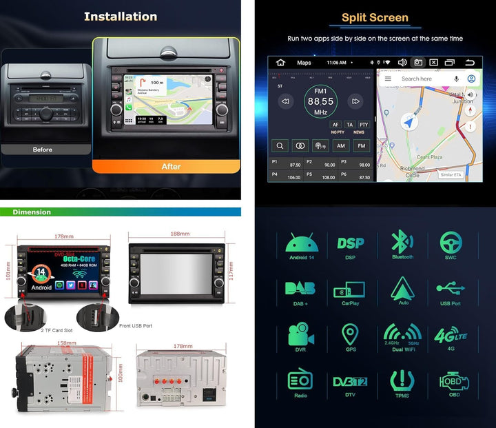 ERISIN Doppel Din 2 Din Android 14 Universal GPS Navi DVD Autoradio 6.2 Zoll Touchscreen Unterstützt