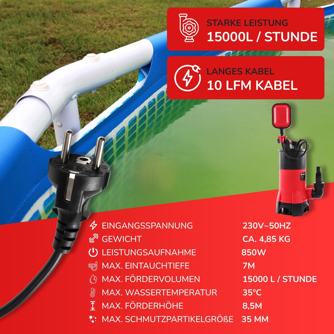 Schmutzwasserpumpe BKELSP850W (850 W, Ø35 mm Fremdkörper, 15.000 L/h Fördermenge, Schwimmerschalter,