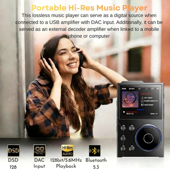 Hi Res MP3 Player, 16GB Bluetooth 5.3 HiFi DSD DAC FLAC Audio Player Verlustfreier Hochauflösender M