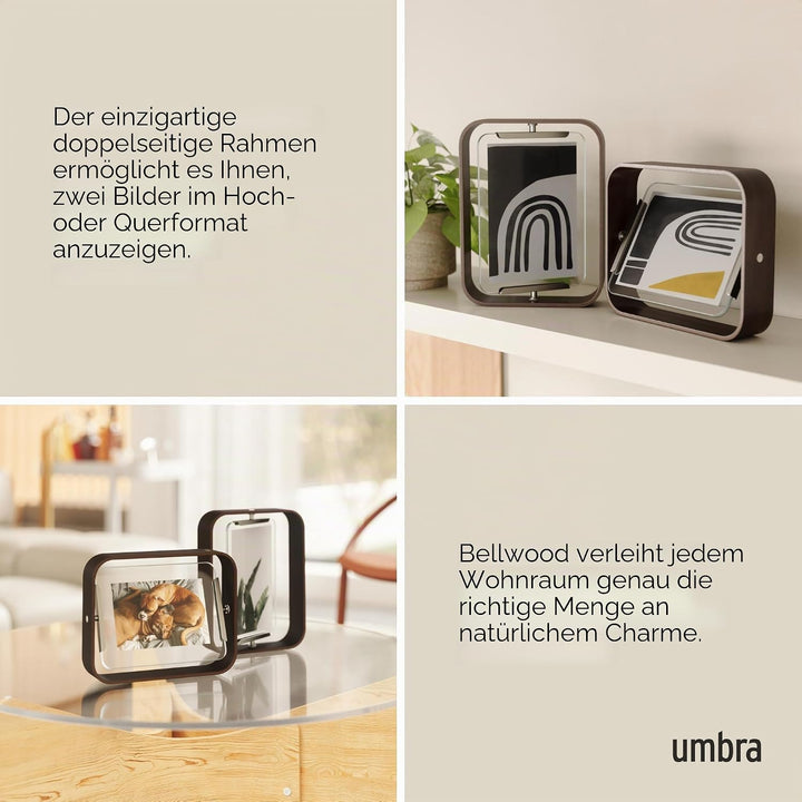Umbra Bellwood Tischbilderrahmen, zweiseitiger Bilderrahmen für 10x15 oder 13x18 cm Fotos, Walnuss A