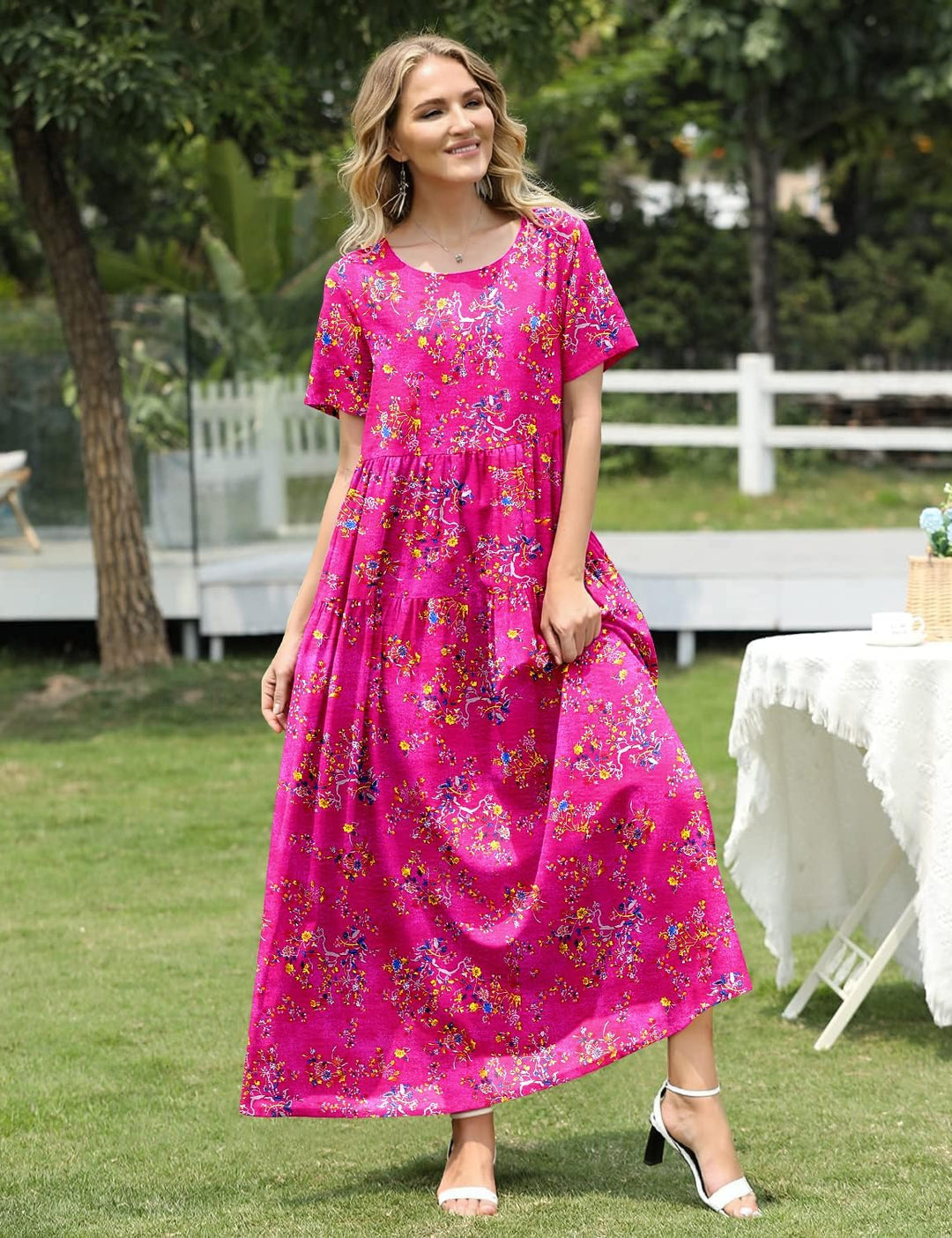 YESNO Damen Kleider Freizeit Lose Sommerkleid Lang Boho Maxikleid für Rundhals Strandkleid Blumenkle