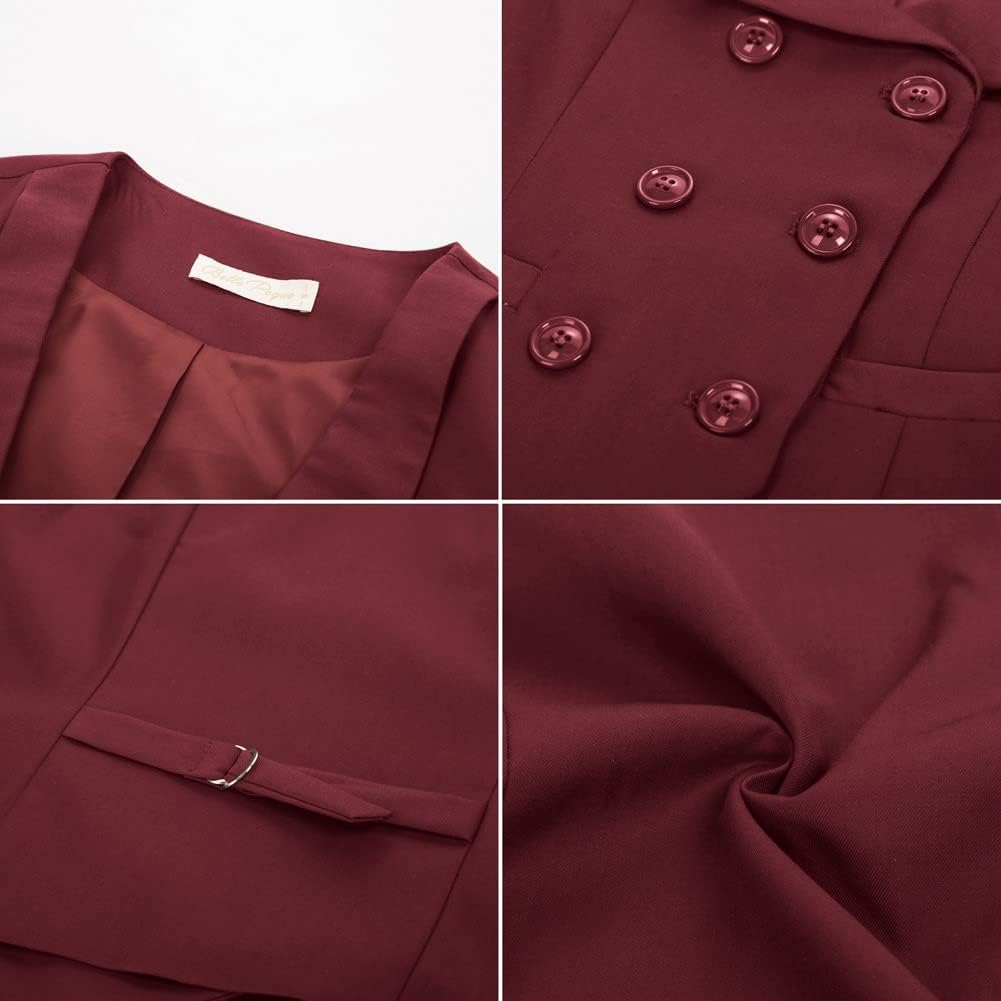 Belle Poque Damen Weste mit Gebogenes Revers V-Ausschnitt Karierte Weste mit Zwei Taschen Geometrisc