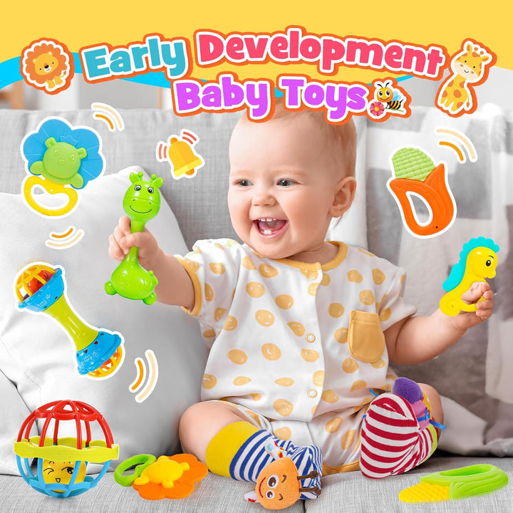 Baby Spielzeug ab 0-12 Monate, 14 Pcs Rasseln Beissring Set mit Aufbewahrungsbox Babyspielzeug ab 0-