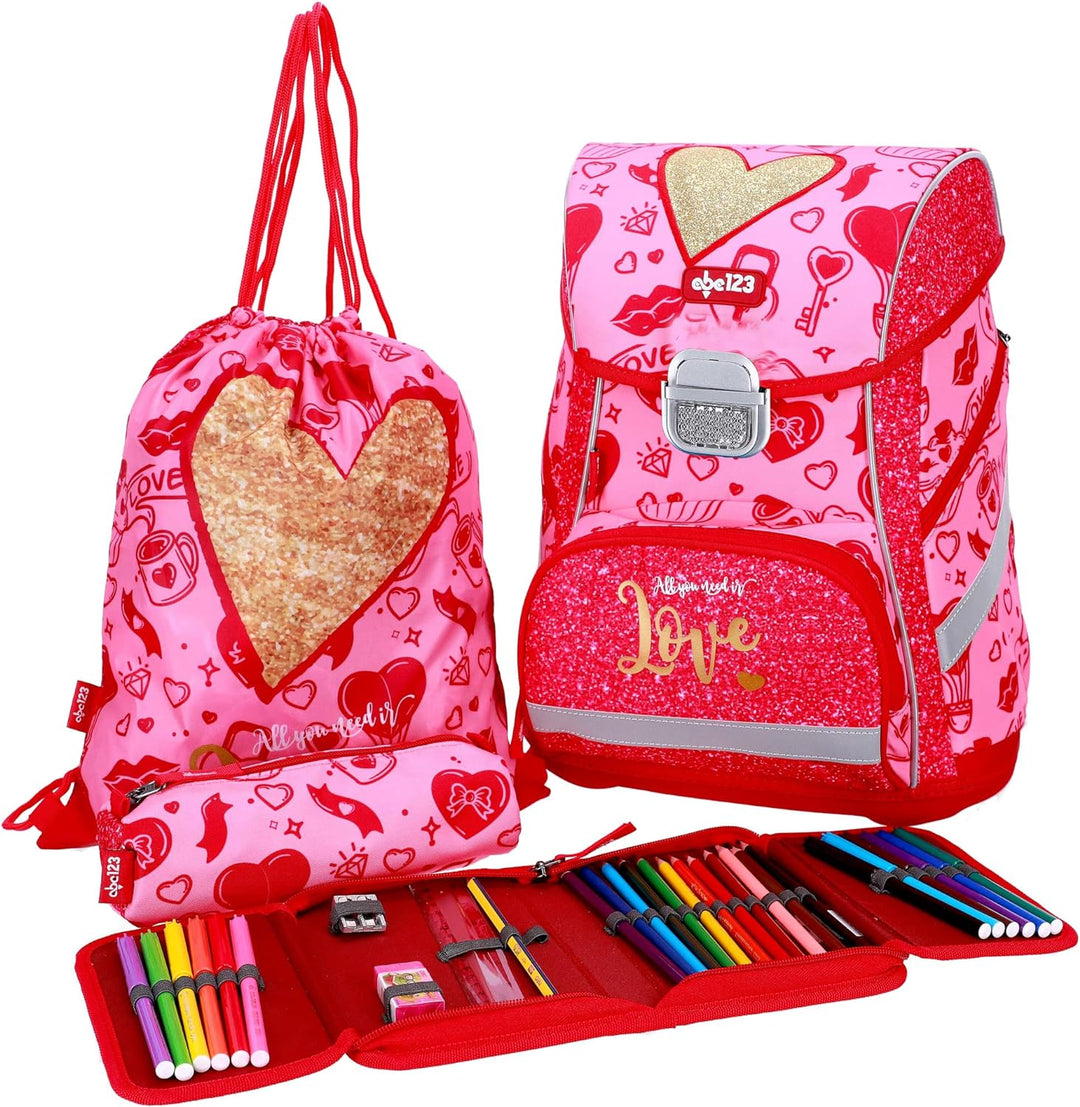 SCOOLSTAR Herz Schulranzen Set 4 tlg.Mädchen 1 Klasse Tornister Schulrucksack Schultasche für Grunds