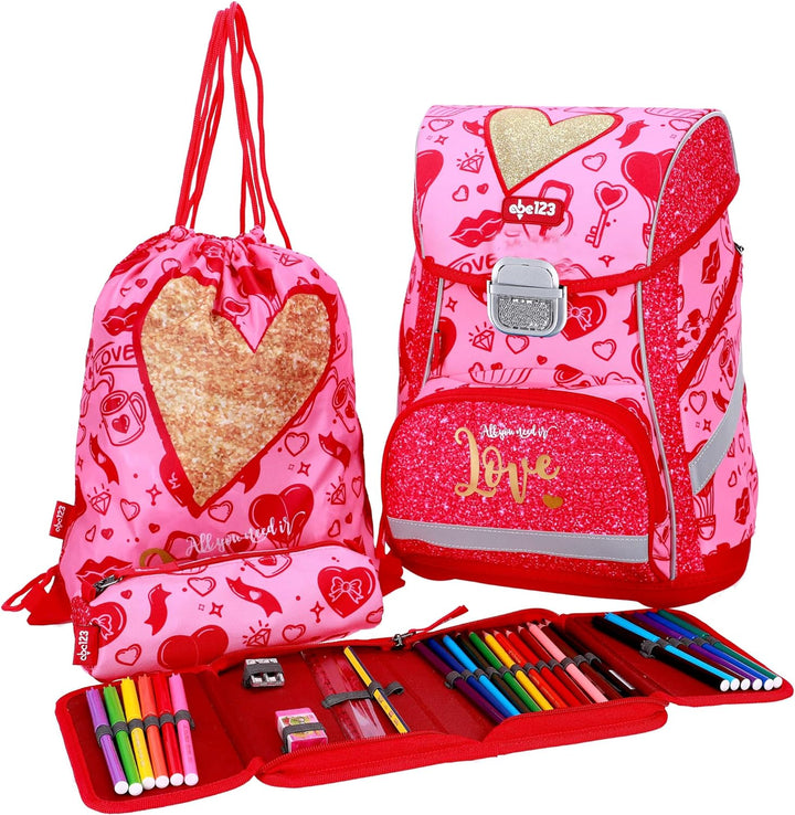 SCOOLSTAR Herz Schulranzen Set 4 tlg.Mädchen 1 Klasse Tornister Schulrucksack Schultasche für Grunds