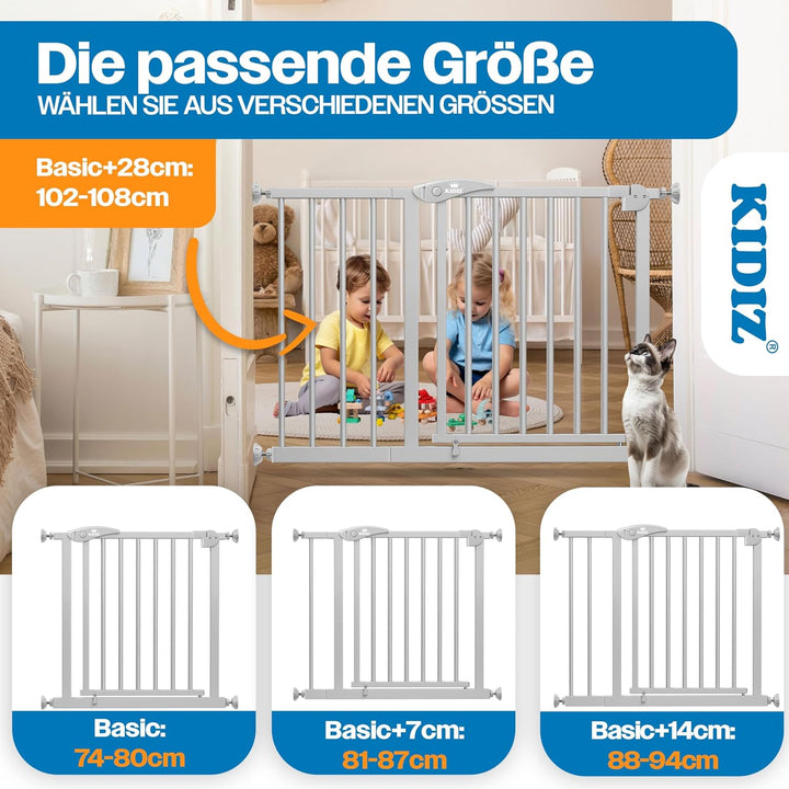 KIDIZ Treppenschutzgitter ohne Bohren | Verstellbare Breite: 88-94 cm, 75 cm hoch, Türschutzgitter u