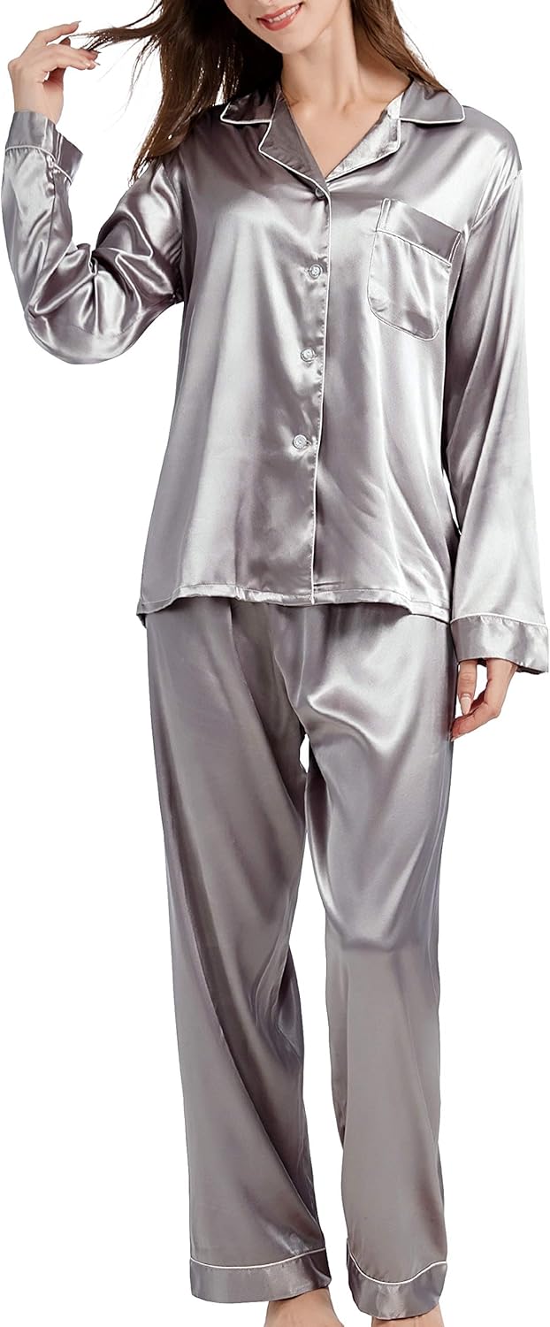 Damen Schlafanzug Pyjama Satin Lang Nachtwäsche Set Klassische Loungewear S Grau, S Grau