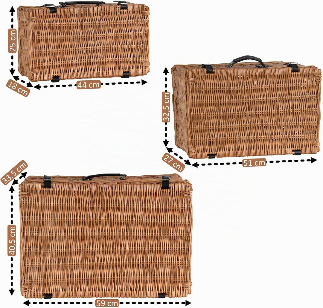 CampFeuer Weidenkorb Set | 3-teilig | Weidenkoffer mit Kunstlederriemen, Picknickkorb geflochten, We