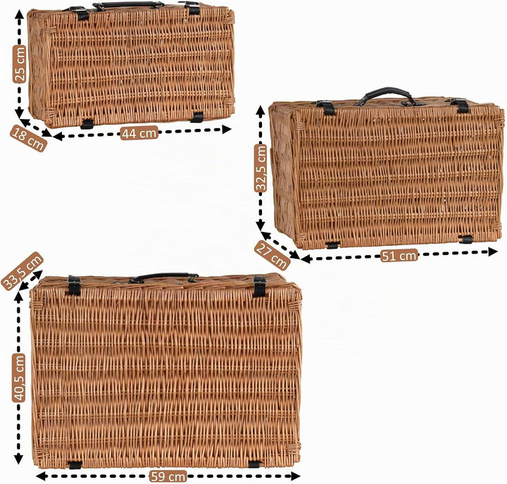 CampFeuer Weidenkorb Set | 3-teilig | Weidenkoffer mit Kunstlederriemen, Picknickkorb geflochten, We