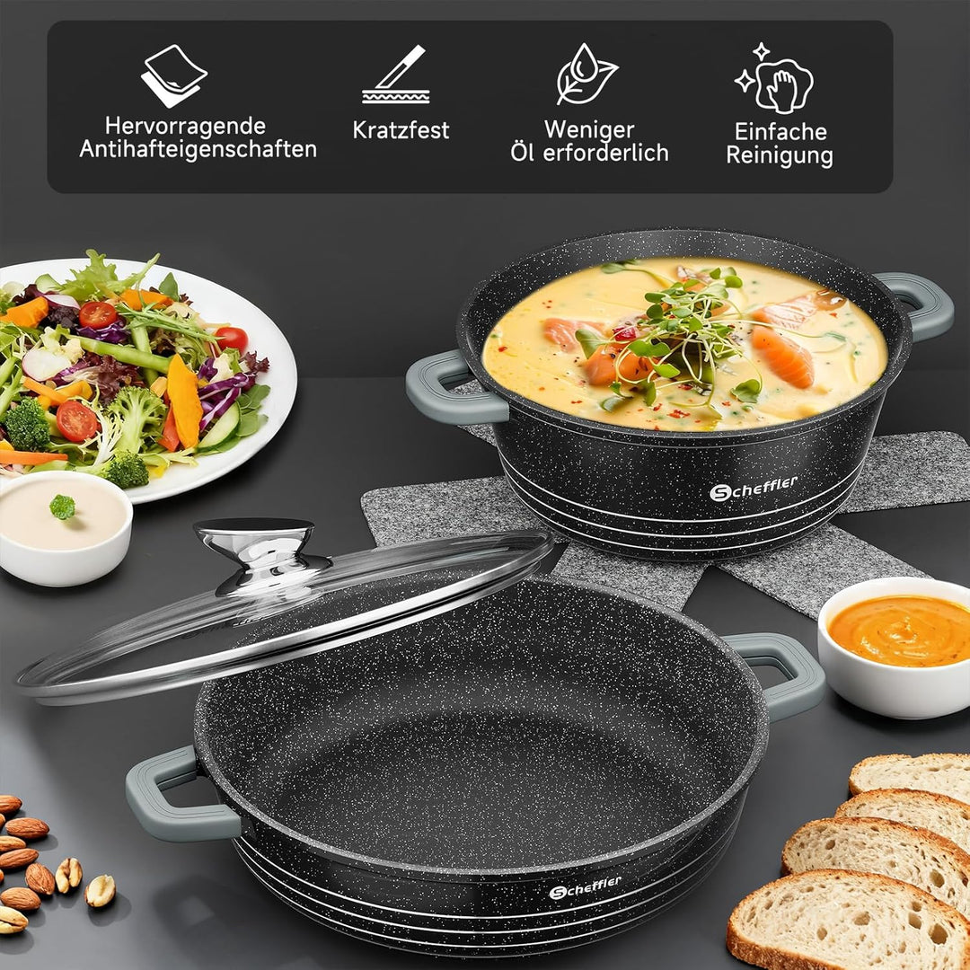 Scheffler Servierpfanne Induktion, 24 x 7 cm Schmorpfanneaus Aluminiumguss, Pfanne Bratpfanne mit Ma