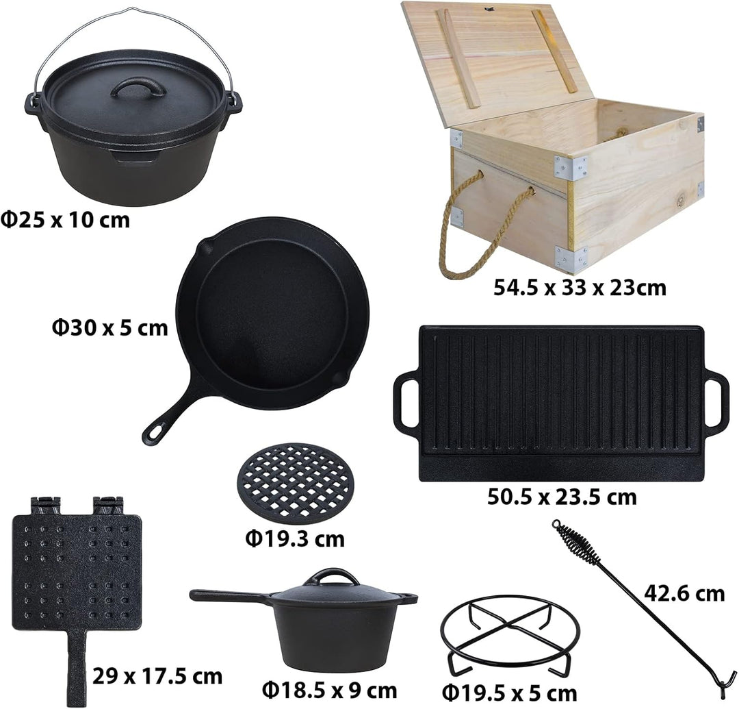 Dutch Oven Set 12-teilig in Holzkiste BBQ Feuertopf mit Füssen und Deckel, Gusseisen Topf Schmortopf