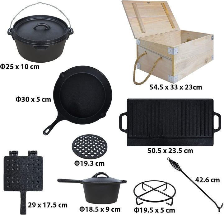 Dutch Oven Set 12-teilig in Holzkiste BBQ Feuertopf mit Füssen und Deckel, Gusseisen Topf Schmortopf