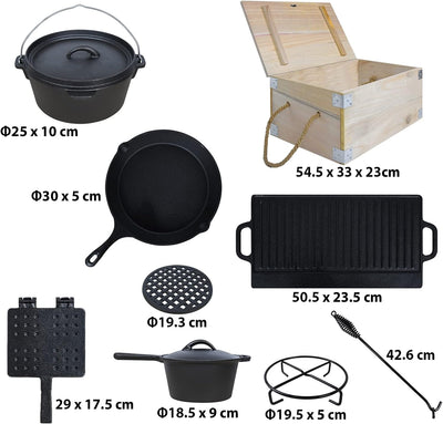 TRMLBE Dutch Oven Set in Holzkiste 12-teilig Gusseisen Kochtopf-Set mit Dutch Oven und viel Zubehör,