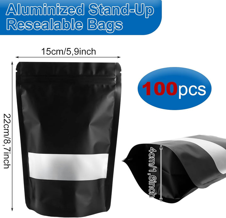 MIVIDE 100 Stück Wiederverschliessbare Mylar Beutel, 15 x 22 cm Standbodenbeutel mit Fenster Schwarz