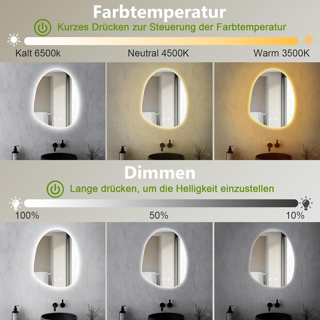 Spiegel Mit Beleuchtung, 80 X 55 cm Asymmetrischer Badspiegel Mit Beleuchtung Mit Touch-Schalter, Di