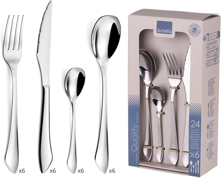 Amefa INSTINCT Besteck Set 6 Personen | 24-teilig | Edelstahl 18/0 hochglanzpoliert | je 6x Tafelgab