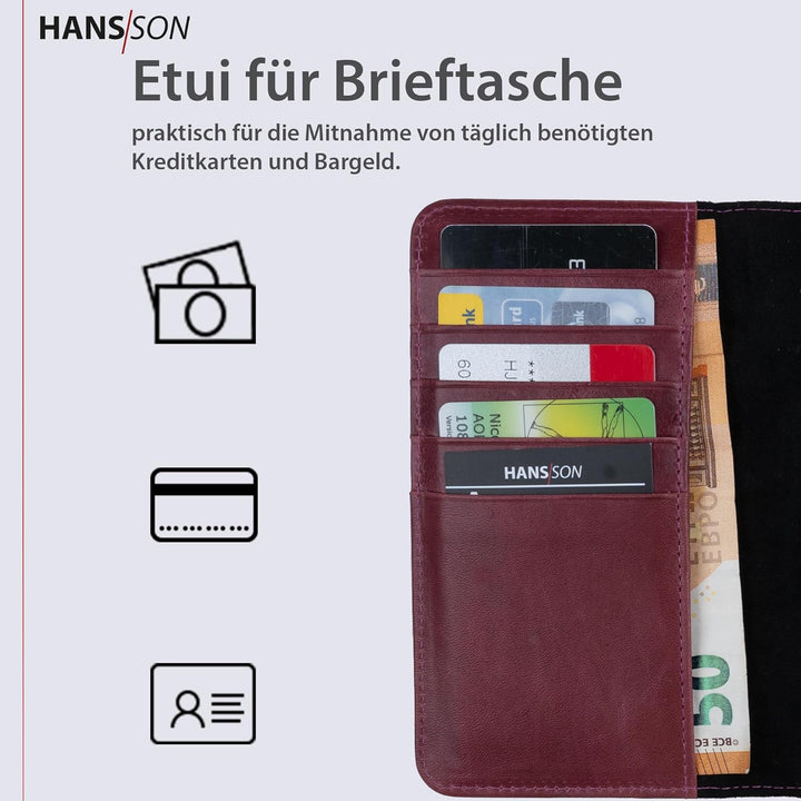 HANS/SON Klappbare Echtlederhülle in Magenta | iPhone 14 Pro Max Ledercase mit Kartenfächern | Leder