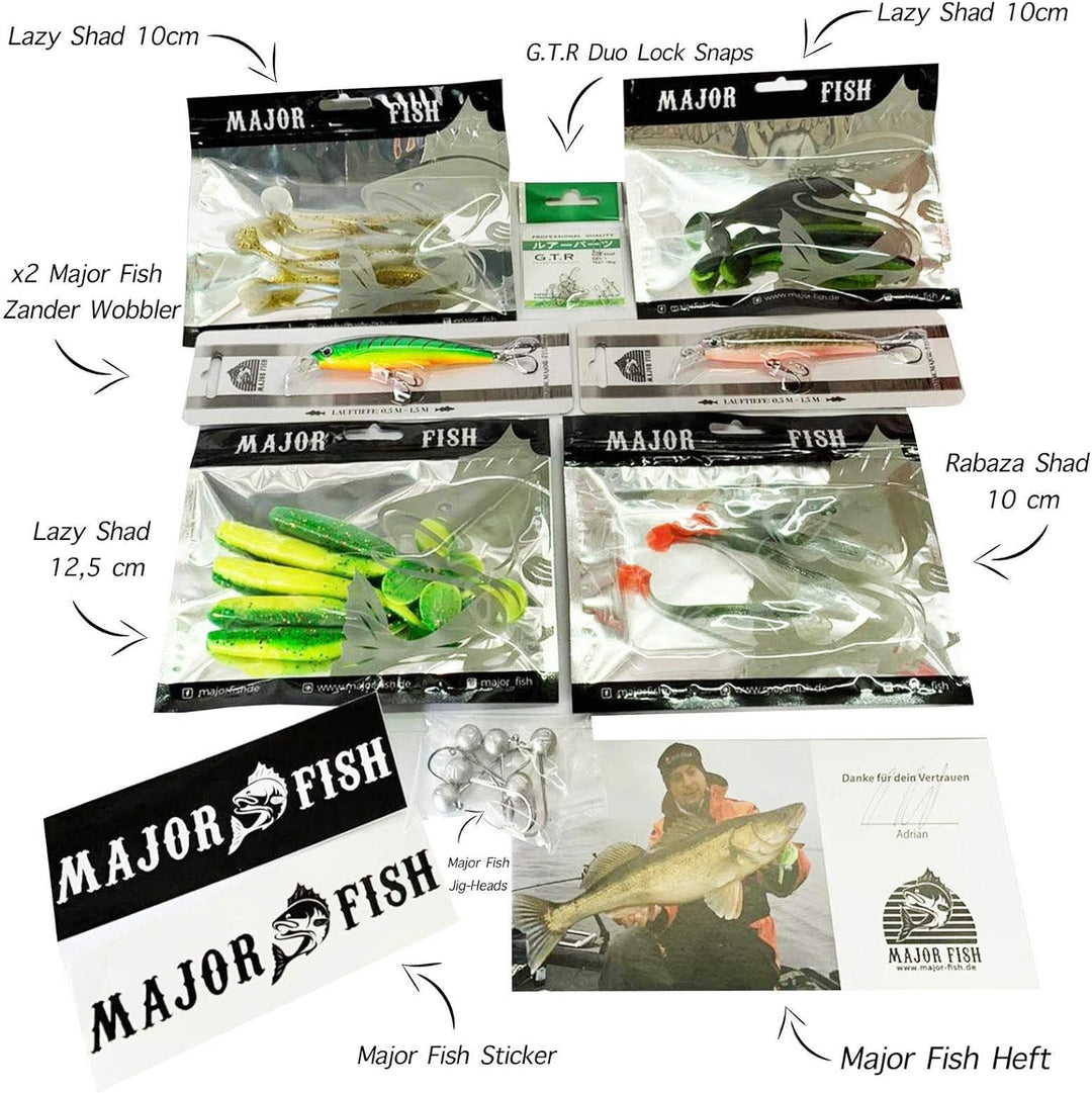 Major Fish Zander Tactical Box 36- teilig Gummifische mit Jigköpfe Wobbler + Raubfisch Zubehör