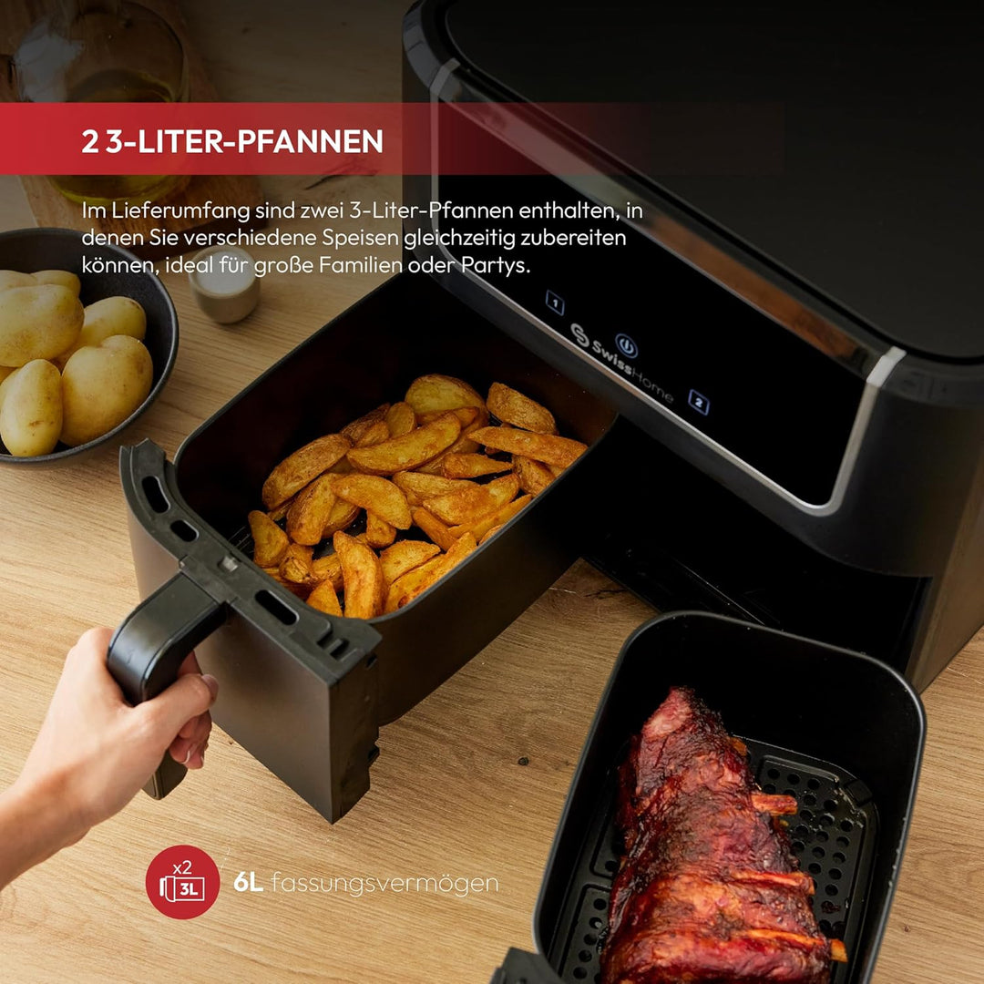 Z SwissHome DARK - Luftfritteuse 2100W - 2 Töpfe 3L - 8 Funktionen - LED-Touchscreen - Antihaftbesch