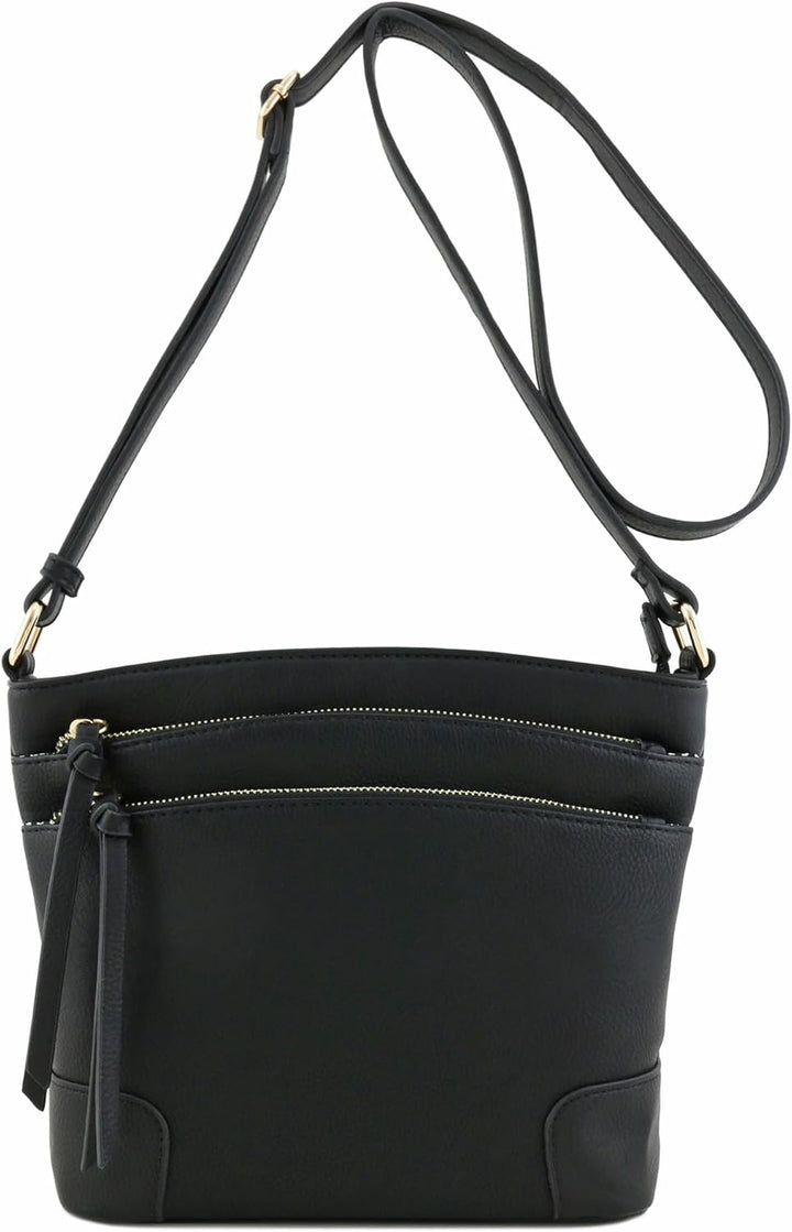 FashionPuzzle Mittelgrosse Umhängetasche mit drei Reissverschlüssen Schwarz, Schwarz