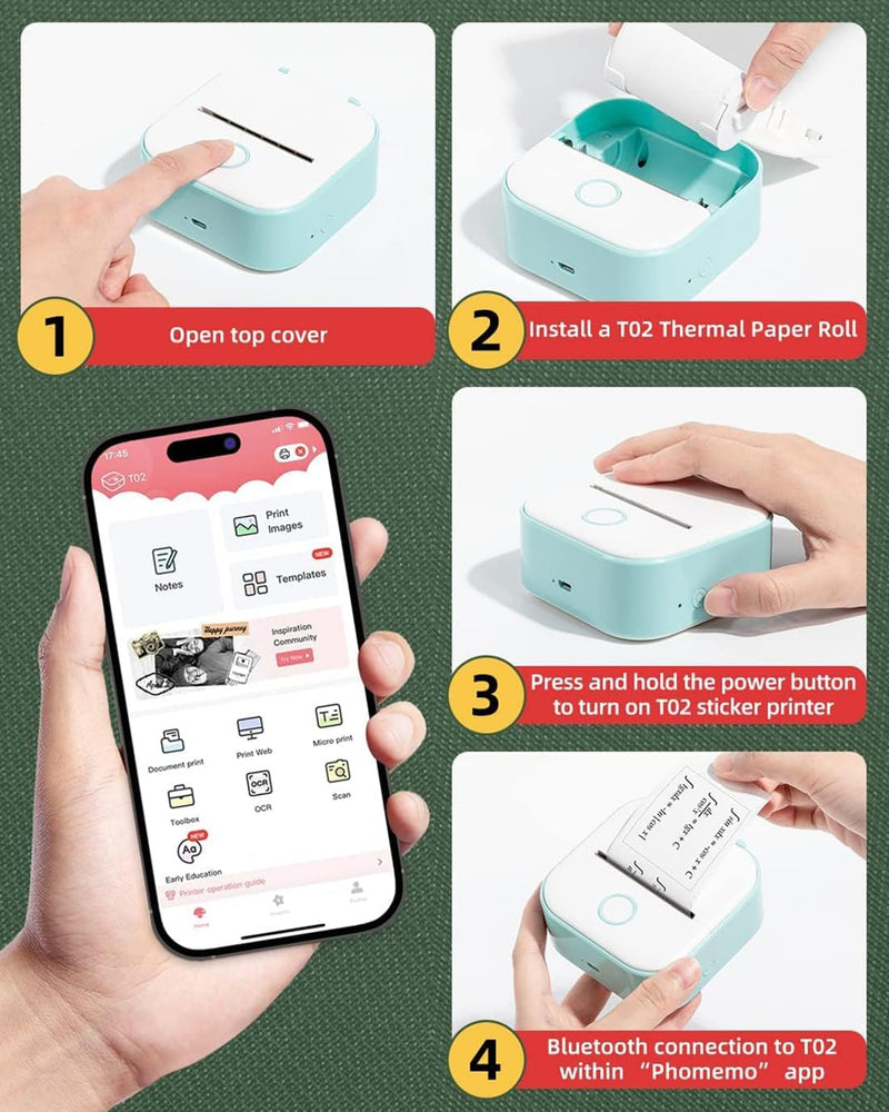 Phomemo T02 Mini Aufkleber Drucker - Tragbarer Drucker, Thermo Fotodrucker Maschine für Studium, Not
