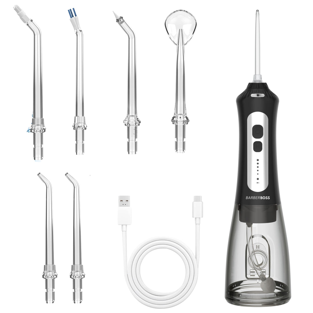 BarberBoss Kabellose Munddusche für Zähne und Zahnfleisch, 6 Multifunktionsdüsen, LED-Display, USB-A