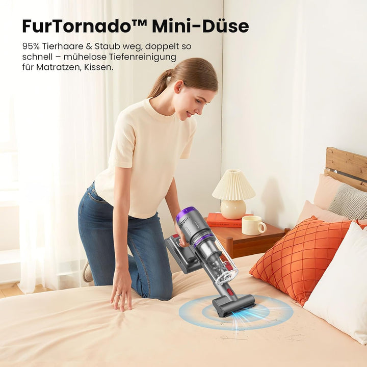 Akku Staubsauger, 600W/58000Pa/75Min, Staubsauger Kabellos mit FurTornado™ Mini-Düse und Ladestation