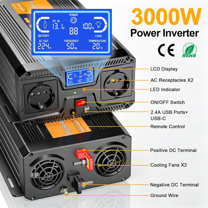 3000W/6000W Wechselrichter 12v auf 230v Reiner Sinus Spannungswandler Power Inverter mit LCD-Bildsch