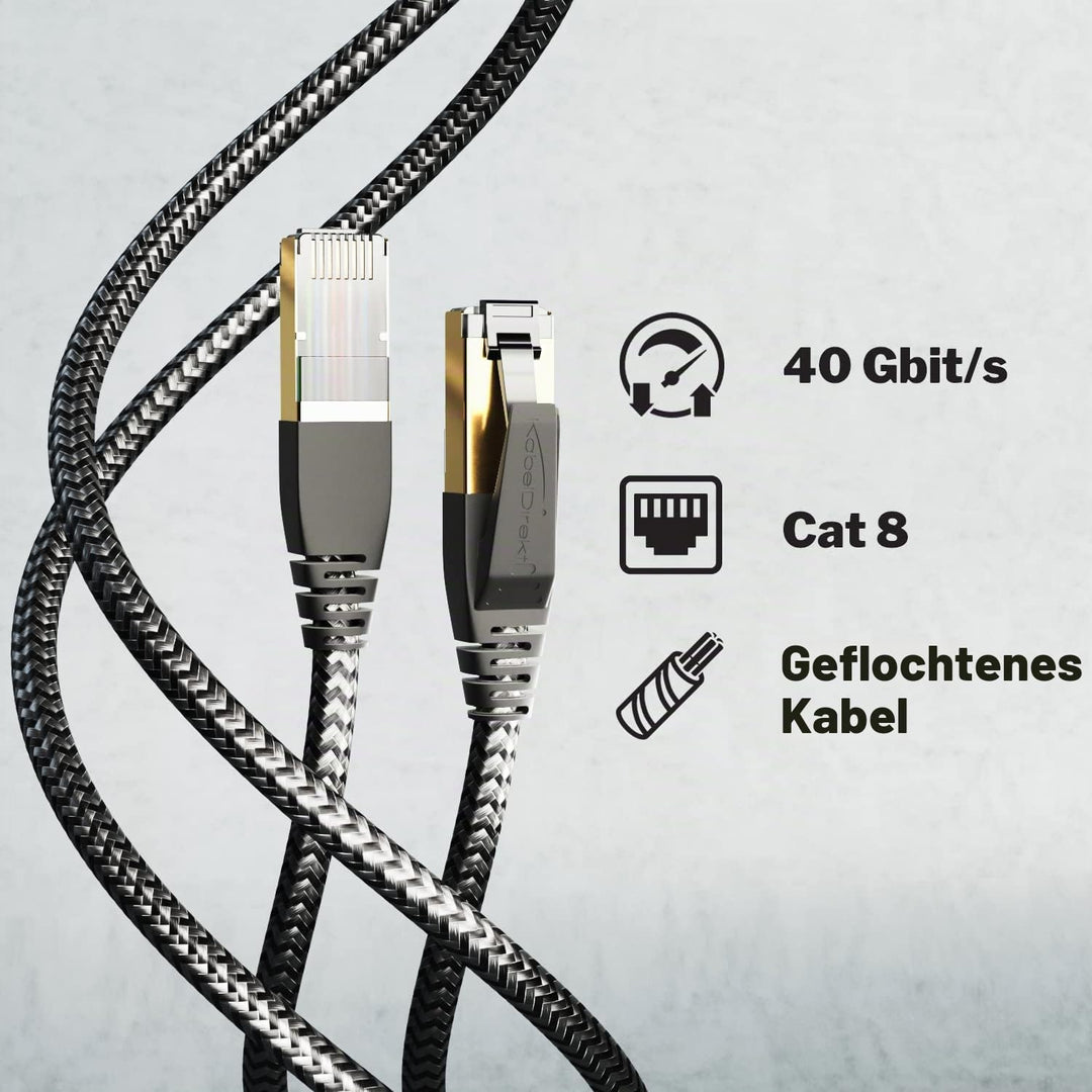 KabelDirekt – Cat 8 Netzwerkkabel mit flexiblem &amp; bruchsicherem Flechtdesign – 15m (LAN Kabel/Ethern