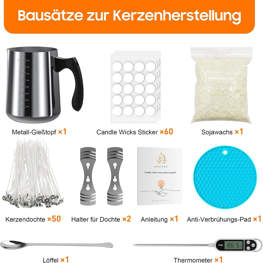 sevkumz Komplettes Kerzenherstellungsset für Anfänger - enthält Schmelztopf, Sojawachs, Dochte, Rühr