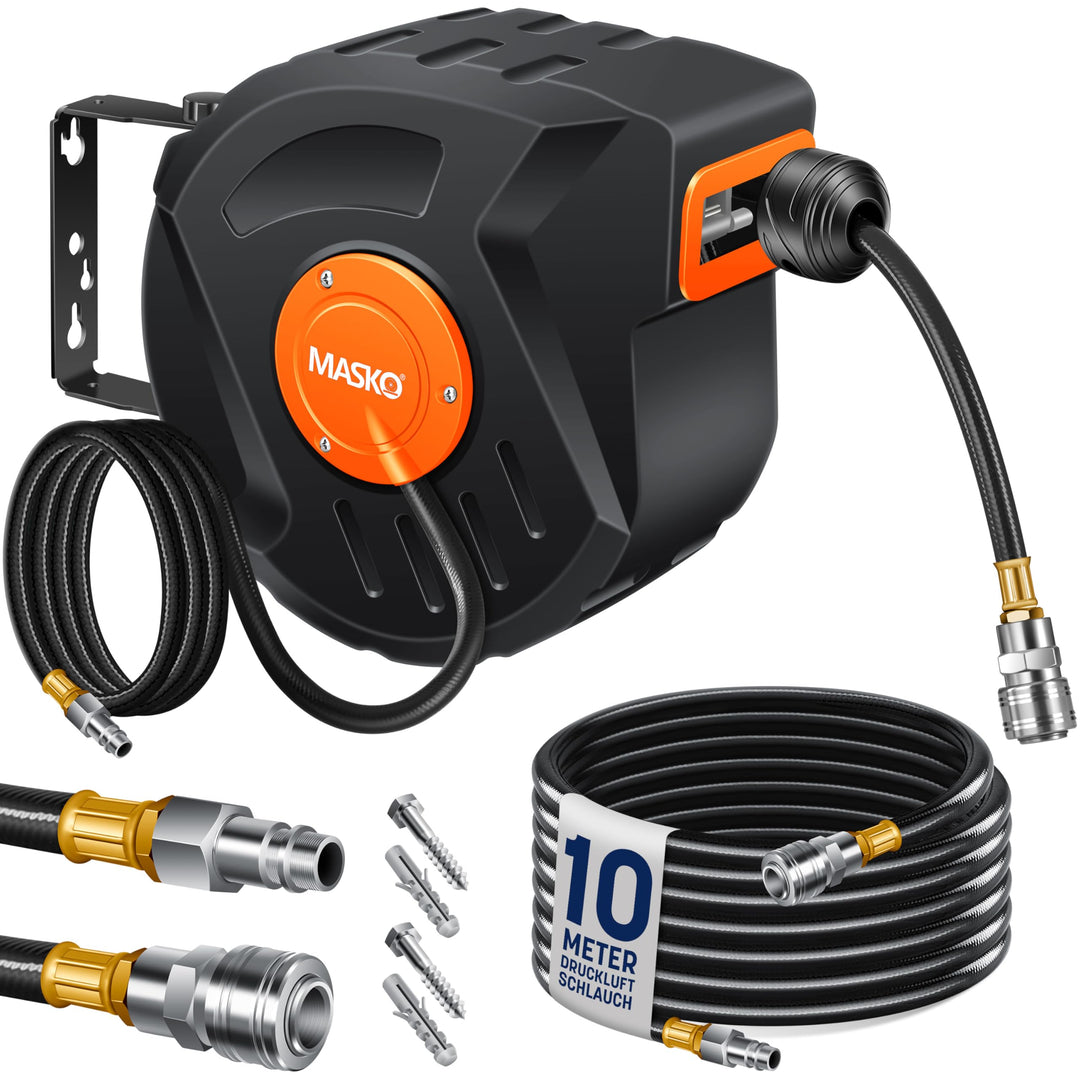 MASKO® Automatik Druckluftschlauch Aufroller 10m – Schlauchtrommel mit 1/4" Anschluss, Schlauchaufro