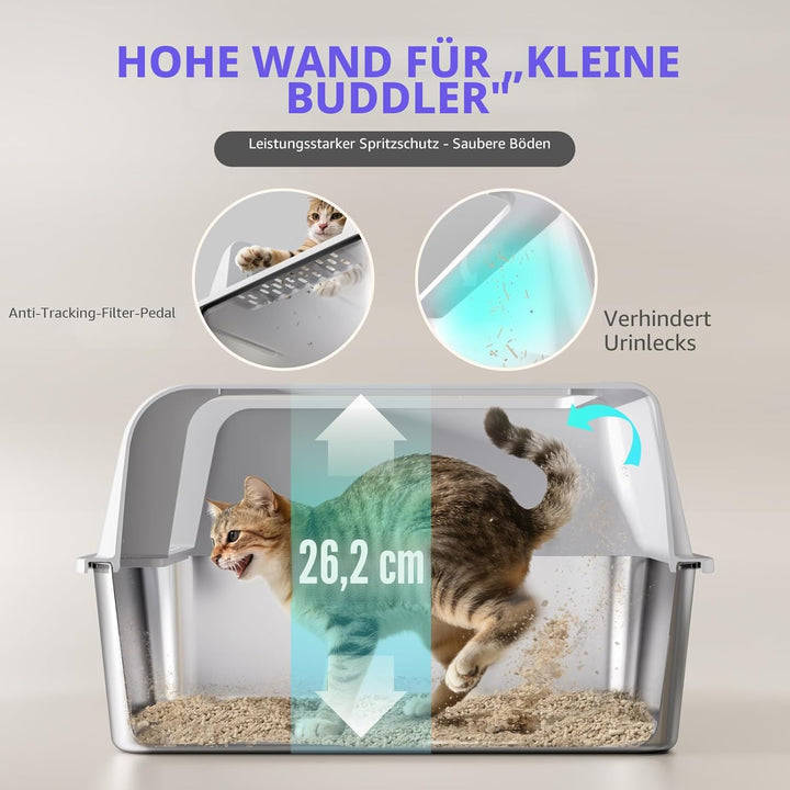 2 Pack Katzenklo Edelstahl Gehege mit Deckel, grosse Katzentoilette aus Edelstahl, Katzenklo Mit Hoc