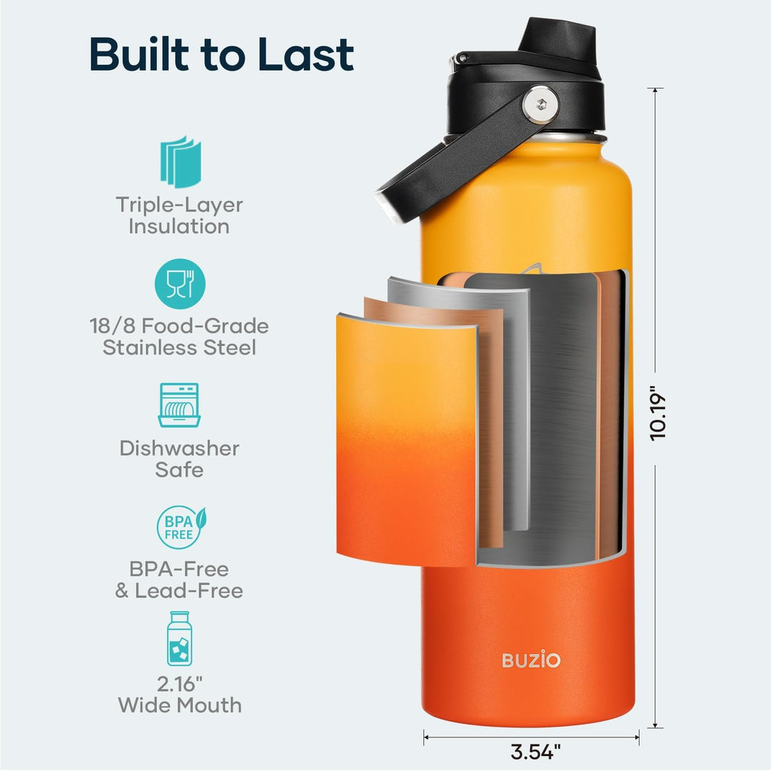 BUZIO 1,2L Edelstahl Trinkflasche isoliert mit Strohhalm &amp; Ausgussdeckel | Grosse Wasser-Thermoflasc