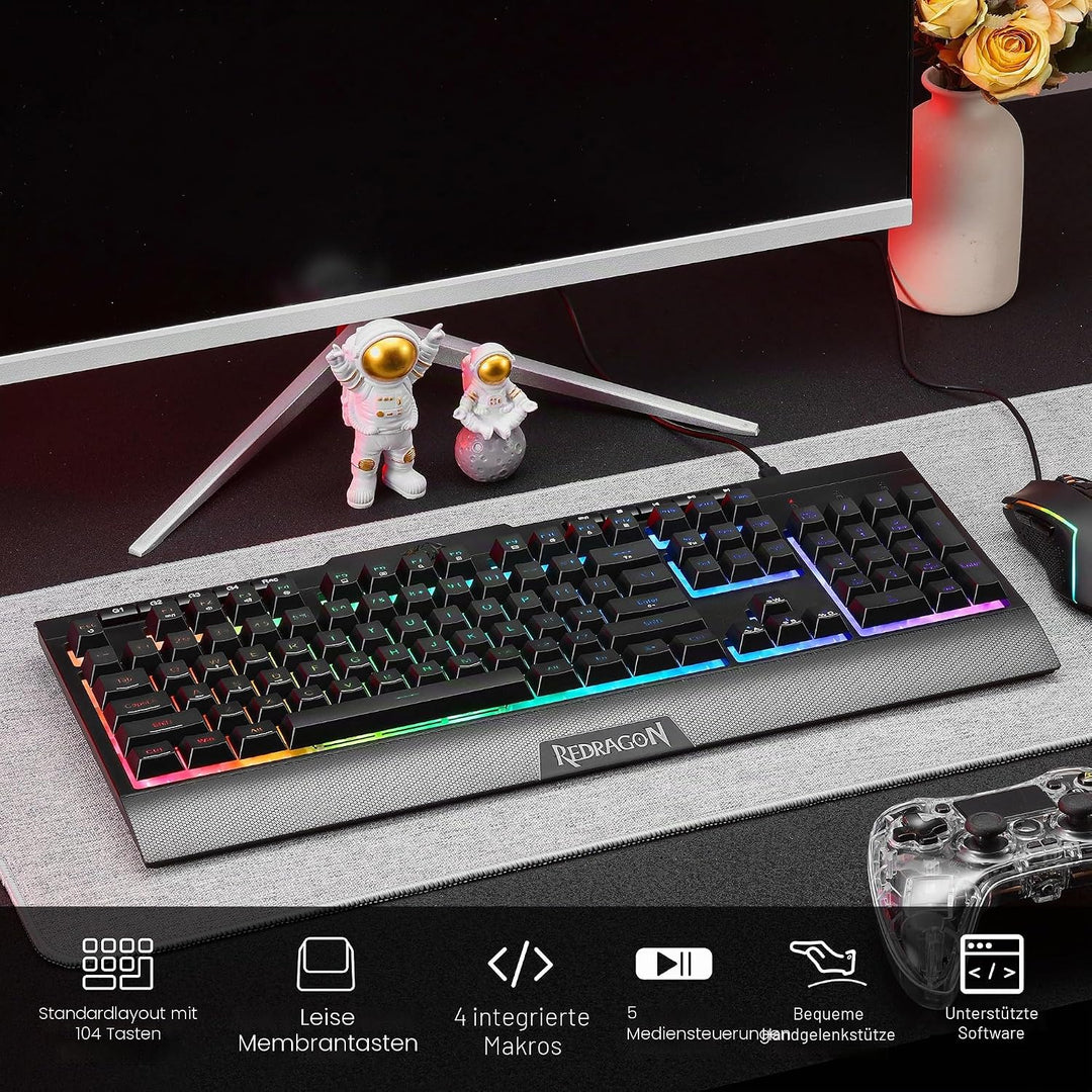 Redragon S151 Gaming-Tastatur- und Maus-Kombination, 104 Tasten K525 kabelgebundene RGB-Membrantasta