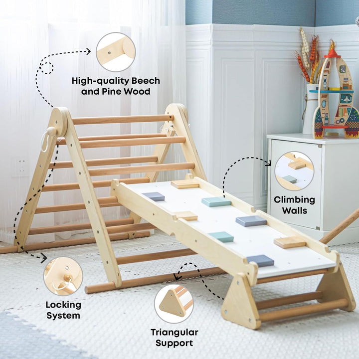 Mamabrum Holzspielplatz für Kinder – Klettergerüst, Dreieck, Leiter & Balancierpfad – 3-in-1 Multifu