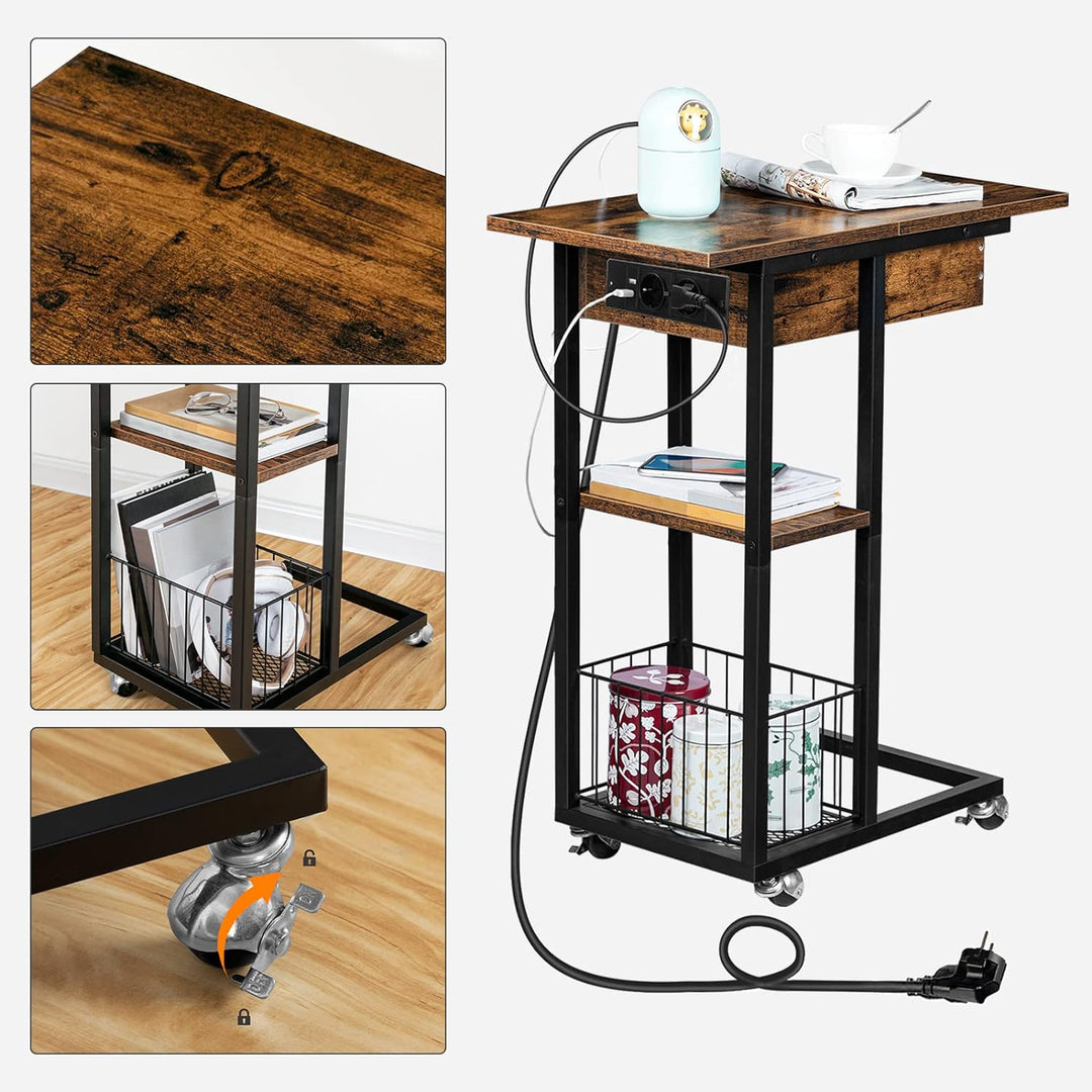 HOOBRO Beistelltisch mit Ladestation, Flip C-Form Sofatisch, Couchtisch mit Rädern und Ablagefläche,
