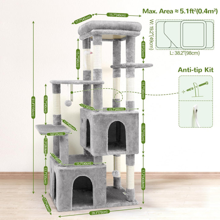 Globlazer Kratzbaum für 3-5 Grosse Katzen 156 cm mit 2 Extragross Katzenhaus 45 * 40 * 35CM, Grosse
