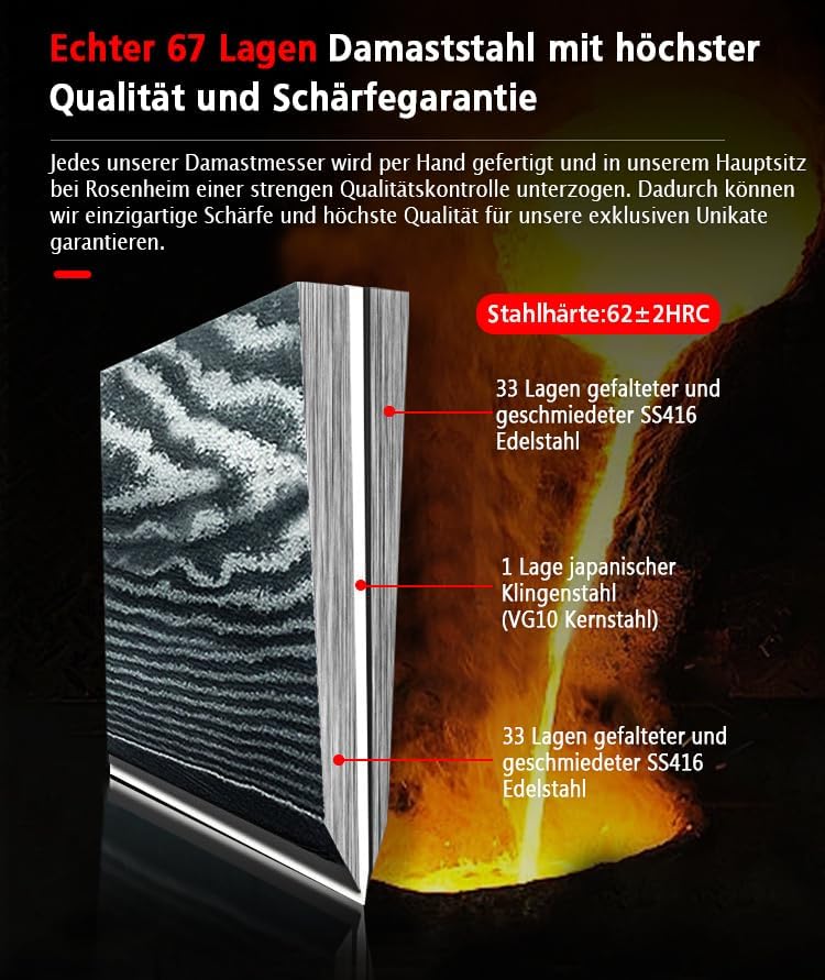 Wolfblood Damastmesser Schälmesser S (20cm) TÜV geprüfter 62 HRC Damaststahl aus 67 Lagen I Obstmess