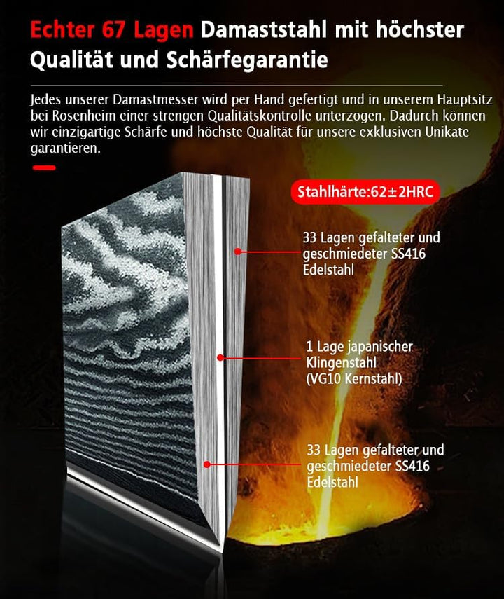 Wolfblood 3er Damastmesser Set (32, 30 und 20cm) TÜV geprüfter 62 HRC Damaststahl aus 67 Lagen I Dam