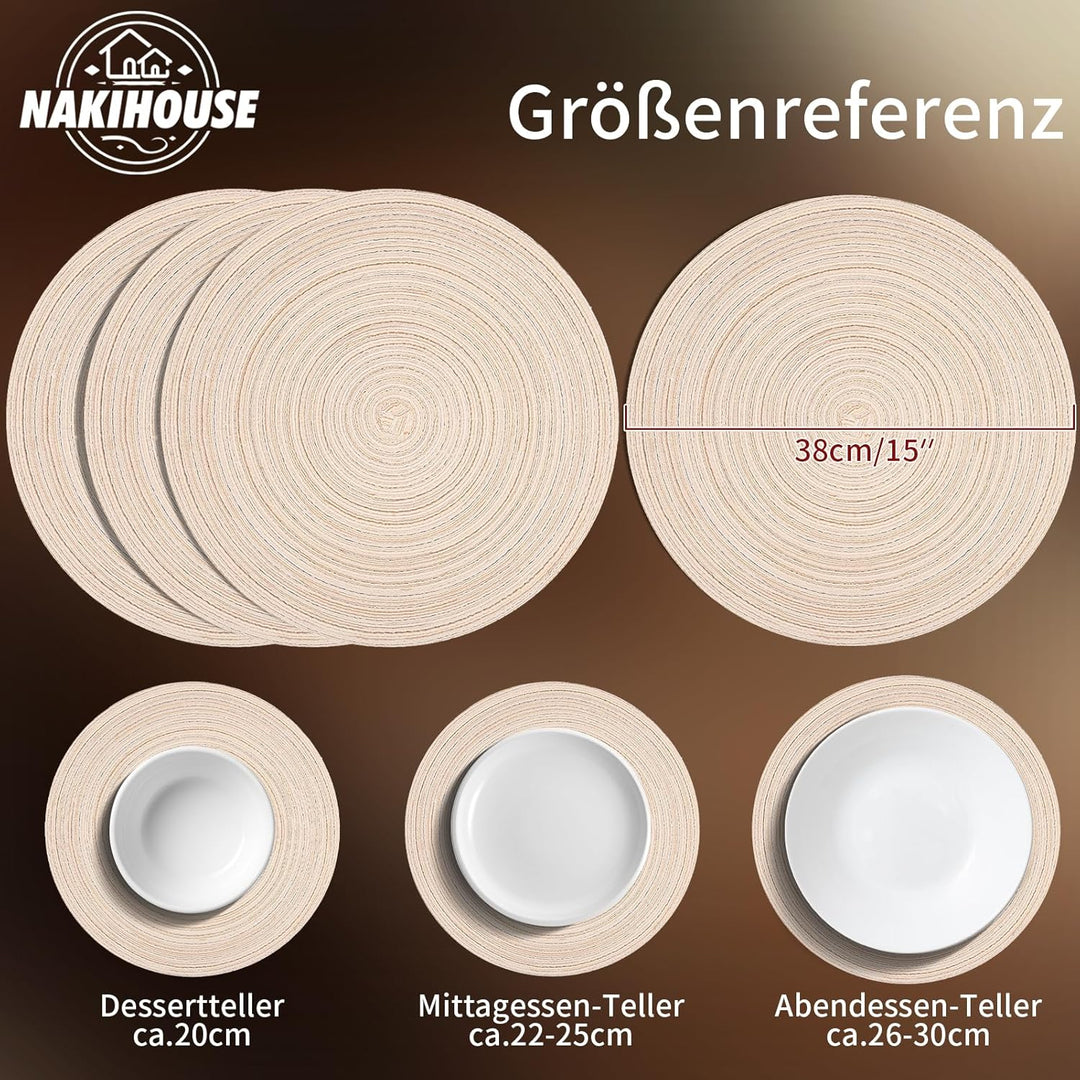 Platzsets Rund Beige Geflochten Tischsets 12er Set Hitzebeständigem Tisch Tischsets Waschbar für Küc
