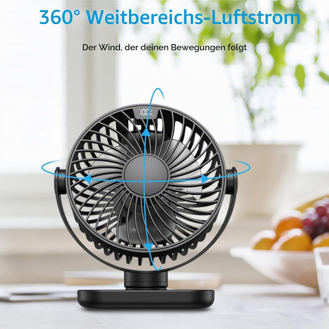 Schreibtischventilator, USB, 4 Geschwindigkeitsstufen, super leise, LED-Anzeige, 5000 mAh, Akku, Sch