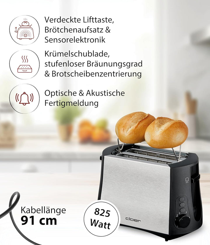 Cloer 3419 Toaster für 2 Toastscheiben, 825 W, integrierter Brötchenaufsatz, Nachhebevorrichtung, Kr