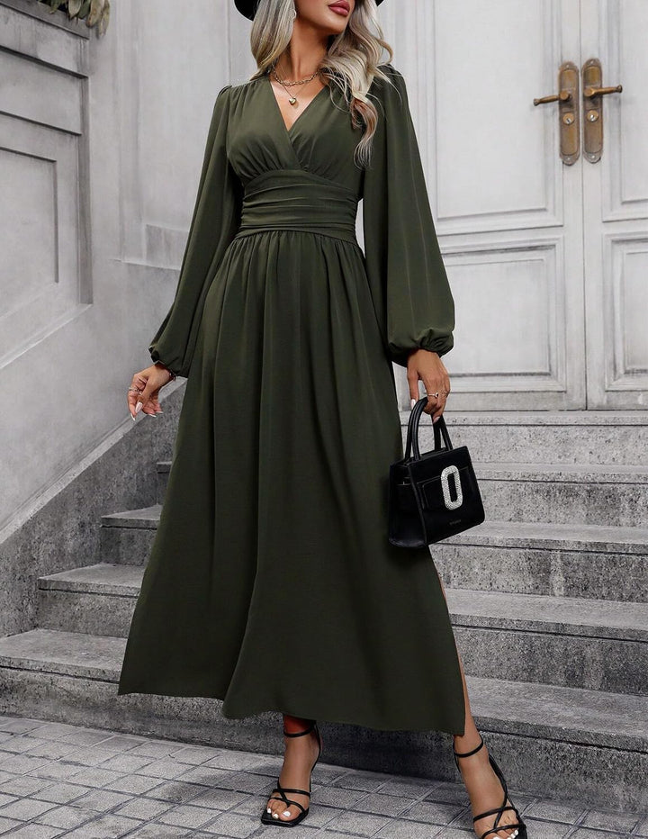 Damen Kleid 2.0 Elegant Langarm V-Ausschnit Tunika Maxikleider Casual Hohe Taille Saumschlitz Cockta