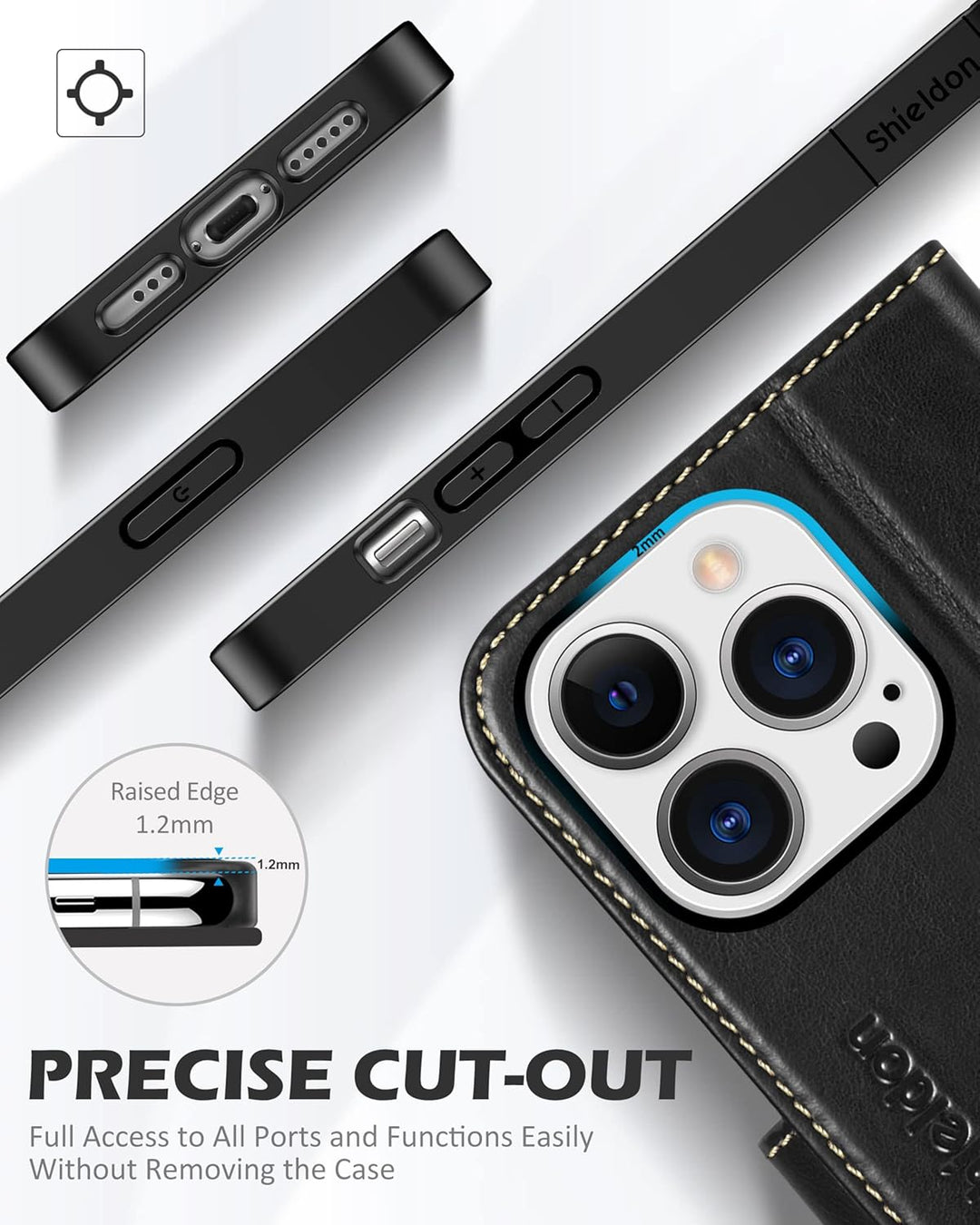 SHIELDON Hülle für iPhone 14 Pro 5G Handyhülle [Echtleder] [Kartenfach] [Standfunktion] [Verdicht TP