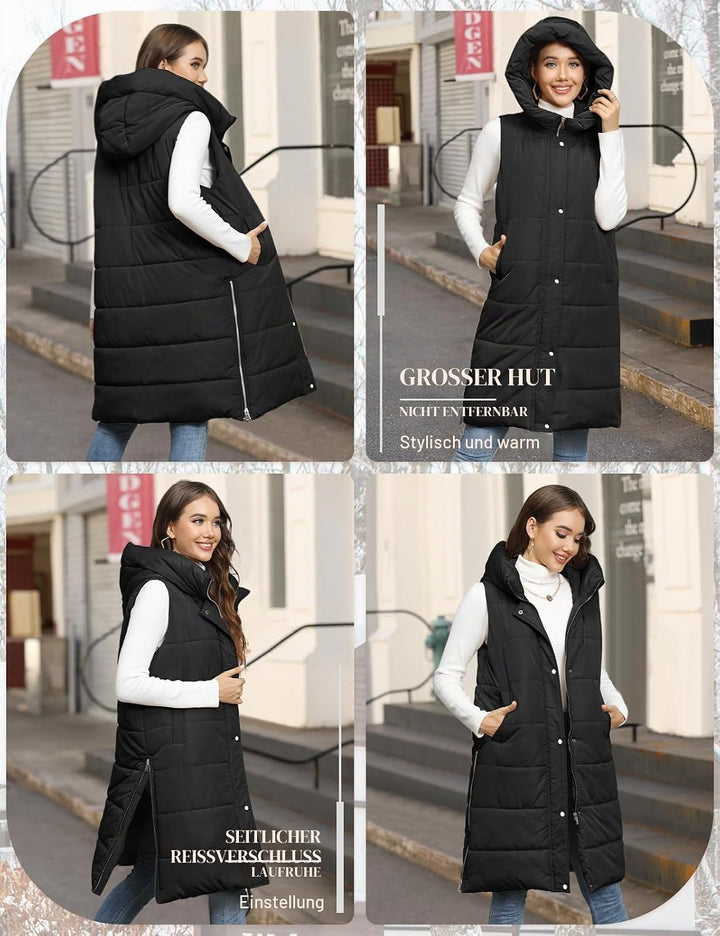 Yuson Girl Lange Jacke Weste für Damen Ärmellose Kapuzenweste Steppweste Damen Lang Winteroberbeklei