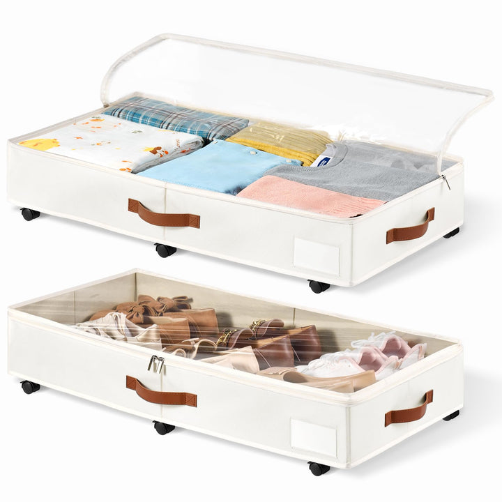 2er-Set Rollbare Aufbewahrungsbox unter dem Bett, 15 cm Höhe (6 Zoll) mit klarem Deckel - Weisse Bet