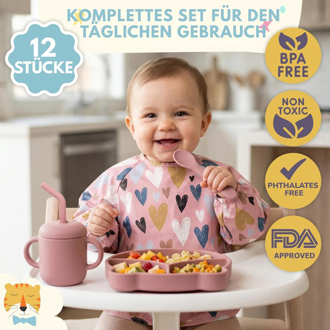Baby Geschirrset | 12 Stücke | Baby Teller Set | Baby Geschirrset mit Saugnapf | Baby Geschirr | BPA