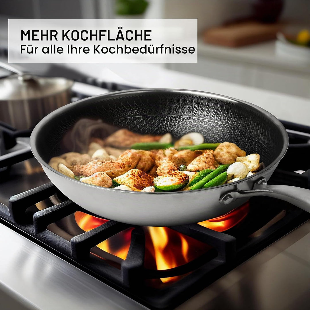 RIOVARM 32cm Edelstahl Wok mit Deckel, Antihaftbeschichtung Flacher Boden Wok-Pfanne, Dreilagig Honi